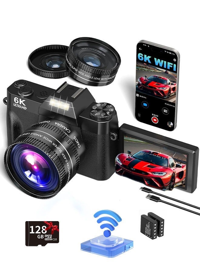 إيكويكام كاميرا رقمية 6K للتصوير - كاميرات رقمية مع بطاقة TF سعة 128 جيجابايت، وكاميرات فيديو مدونات واي فاي بدقة 64 ميجابكسل لليوتيوب مع شاشة قلابة 3 بوصات بزاوية 180 درجة، وتقريب رقمي 16X مع ضبط تلقائي للصورة، وعدسة واسعة الزاوية وماكرو، وبطاريتان - Image 1